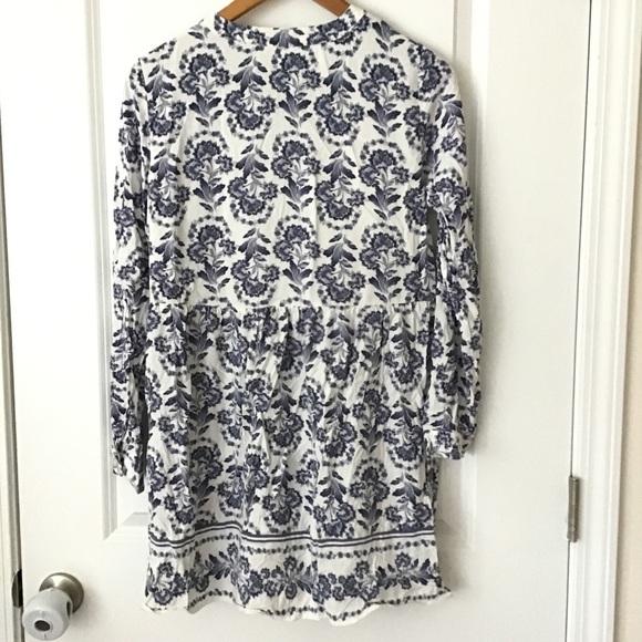 Blue and white floral print long sleeve LOFT dress. Button front. - Picture 3 of 8